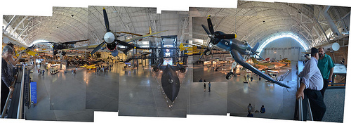Steven F. Udvar-Hazy Center: Photomontage of main entrance view, such as P-40 Warhawk & F-four Corsair up front, SR-71 Background under in the close to distance, and the Space Shuttle Enterprise beyond