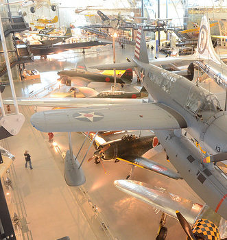 Steven F. Udvar-Hazy Center: South hangar panorama, including Vought OS2U-3 Kingfisher seaplane, B-29 Enola Gay, among others